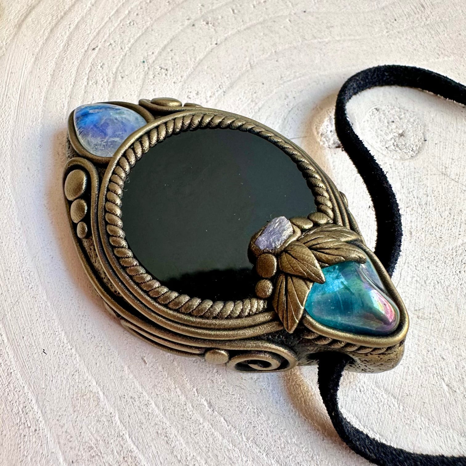 Crystal talisman necklace with Black Obsidian, Rainbow Moonstone and luminous Aqua Aura Quartz.