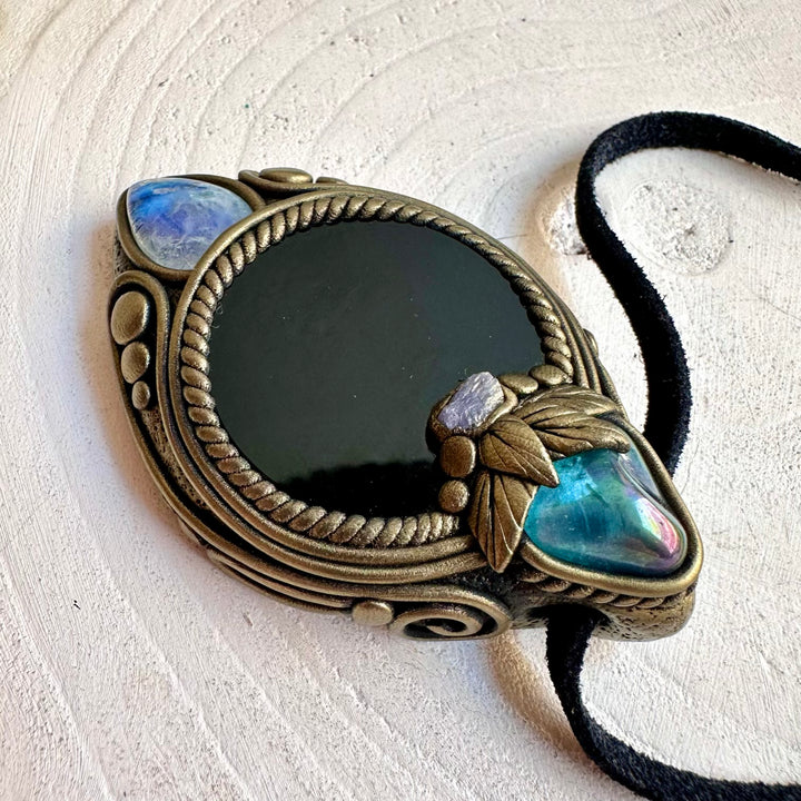 Crystal talisman necklace with Black Obsidian, Rainbow Moonstone and luminous Aqua Aura Quartz.