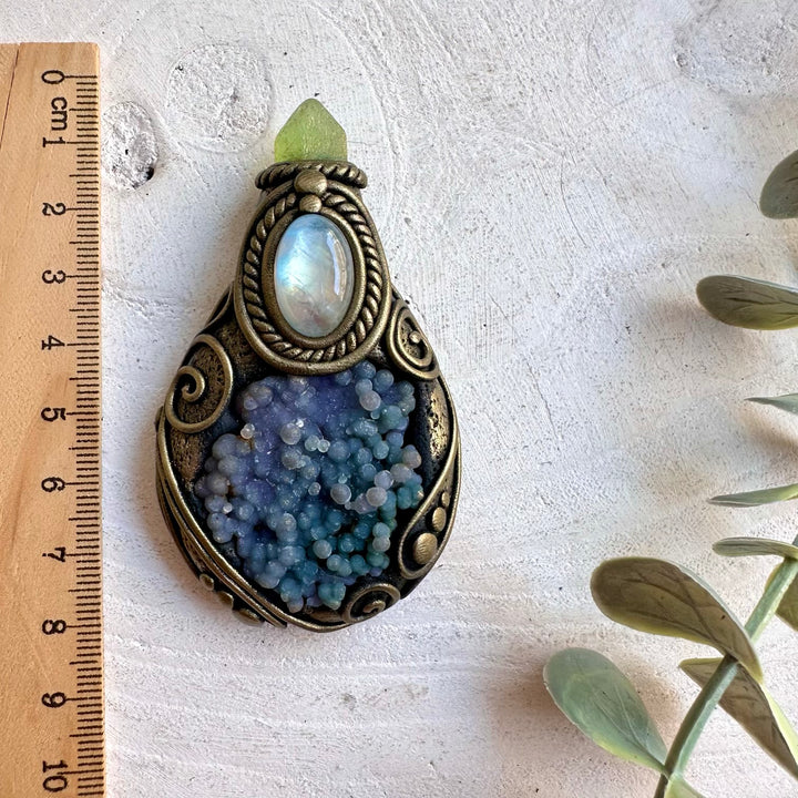Handmade pendant necklace featuring Bi Color Grape Chalcedony, Rainbow Moonstone and Peridot.