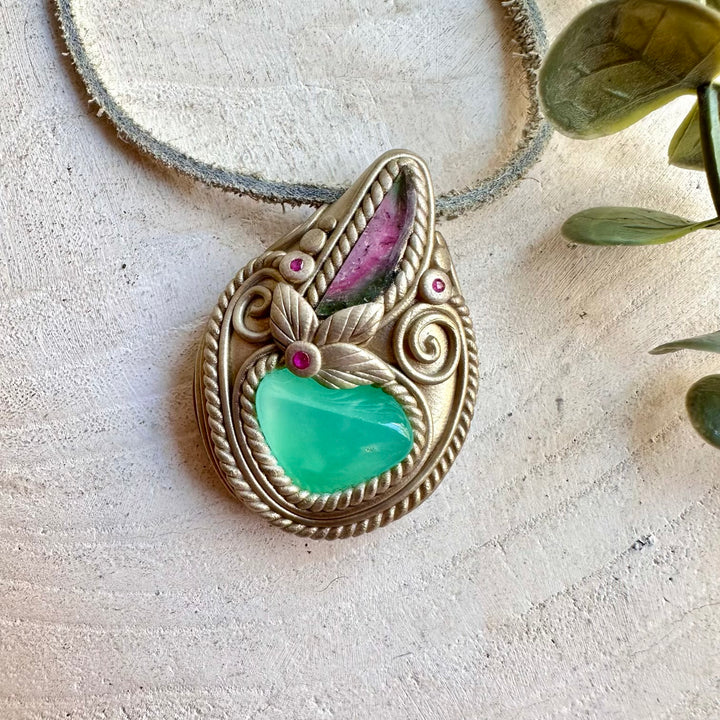 Natural gemstone pendant with green Chrysoprase, pink and green Tourmaline and deep pink Ruby.