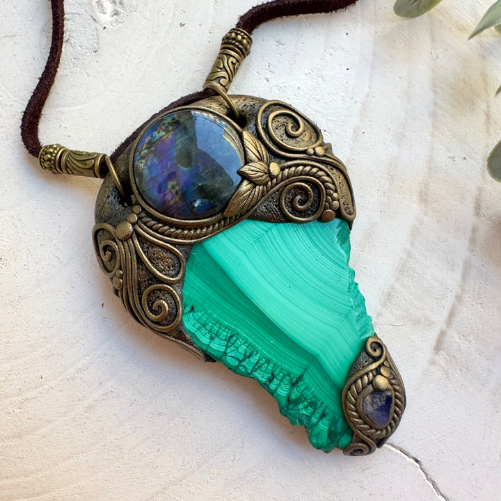 Raw Tanzanite necklace with Malachite and Labradorite crystals