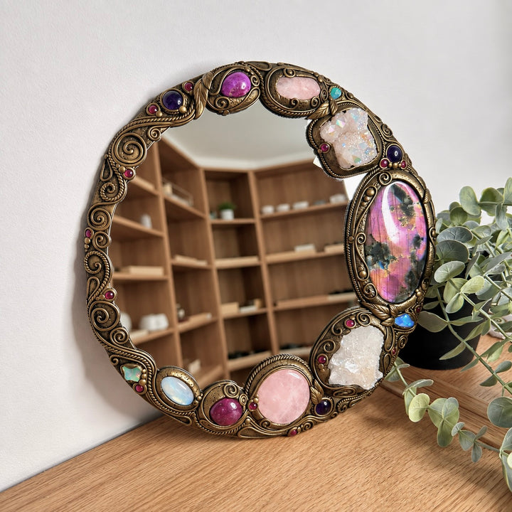 Unique spiritual crystal mirror with Purple Labradorite and Rainbow Moonstone, traditionally associated with intuition and spiritual awareness.