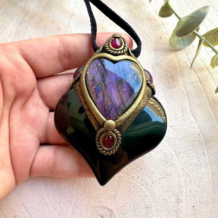 One of a kind Rainbow Obsidian pendant handcrafted with Purple Labradorite, Amethyst and Rhodolite Garnet.
