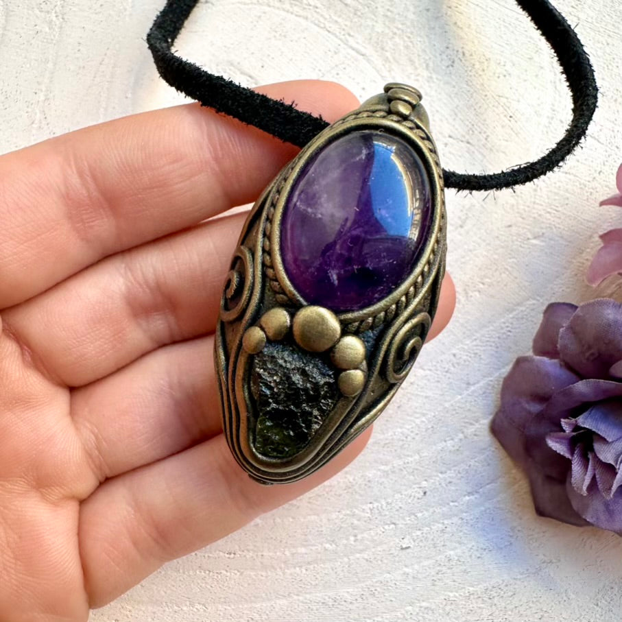 Handmade Amethyst and raw Moldavite pendant necklace, ethically sourced spiritual crystal amulet jewelry crafted with love.