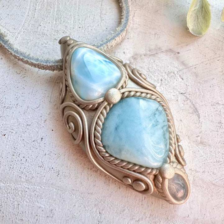Handmade gemstone necklace aquamarine larimar and clear topaz spiritual jewelry
