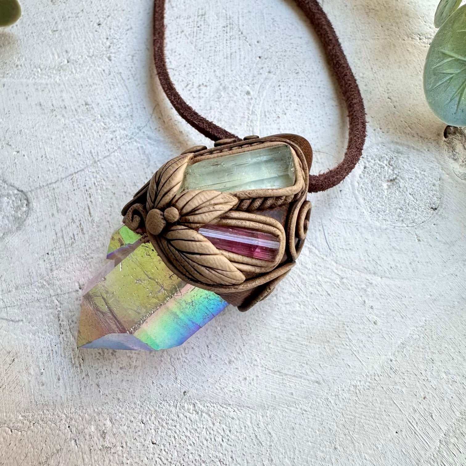 Angel aura quartz paired with aquamarine and pink tourmaline