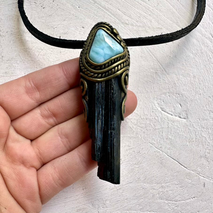 Handcrafted Necklace with Black Tourmaline and Larimar – Spiritual Jewelry for Strength and Calm