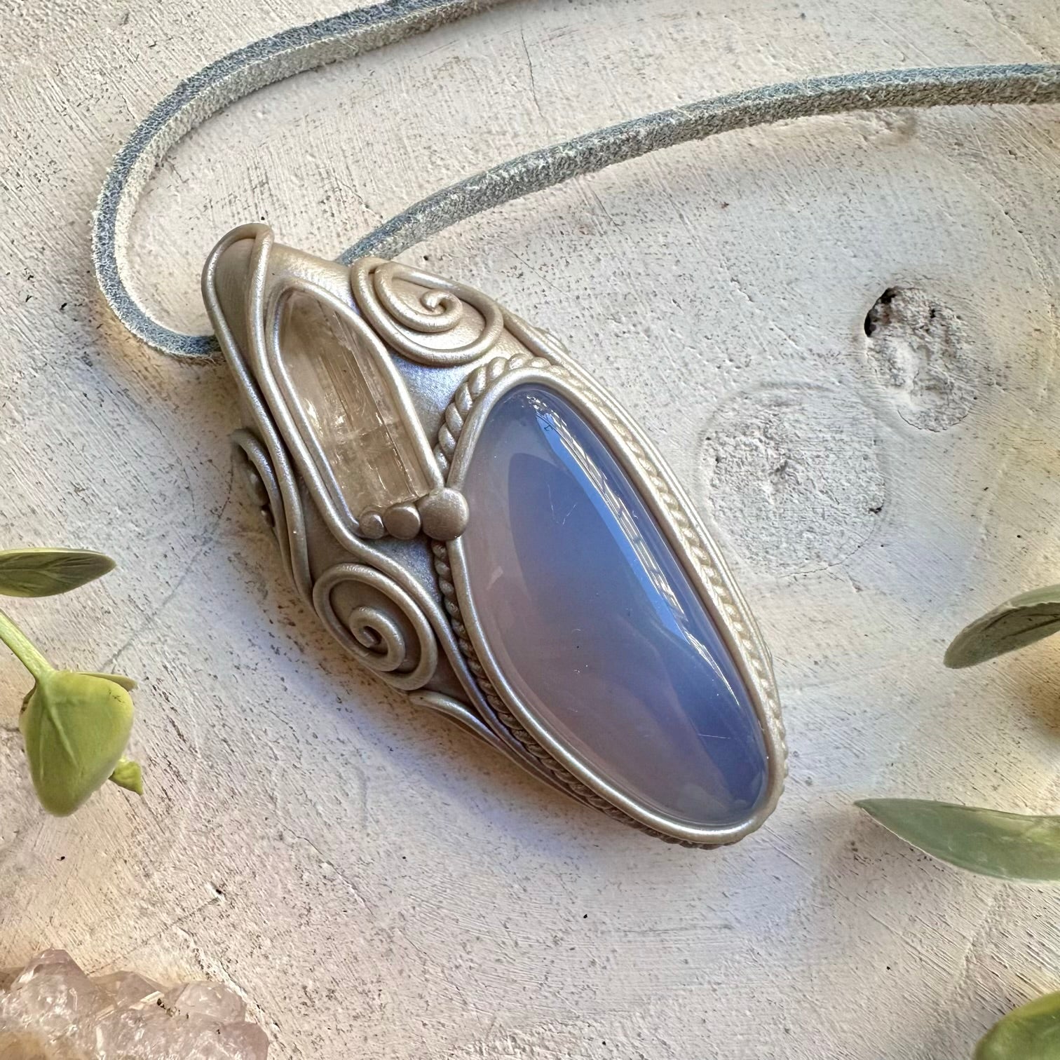 Healing crystal pendant with chalcedony and danburite