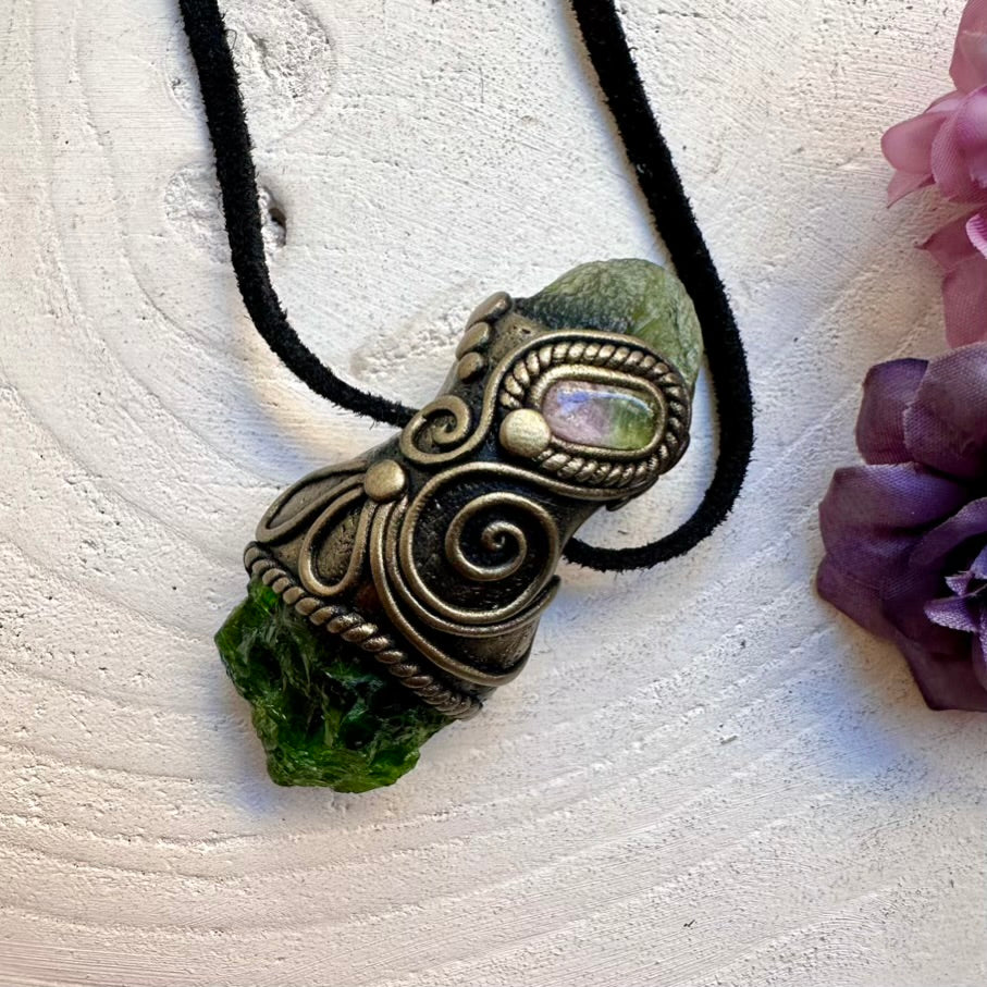 Handmade spiritual energy tool necklace with ethically sourced Chrome Diopside, rare raw Moldavite and soothing bi-color Tourmaline eye-like amulet energy.