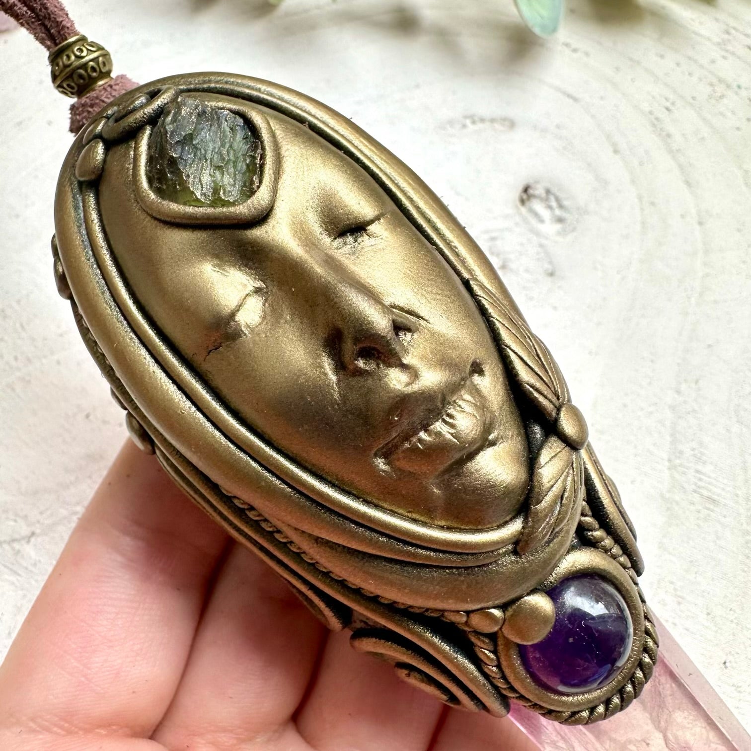 Spiritual goddess necklace with lilac fluorite and moldavite crystals