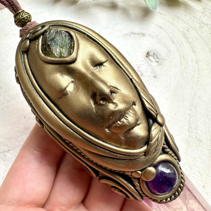 Spiritual goddess necklace with lilac fluorite and moldavite crystals