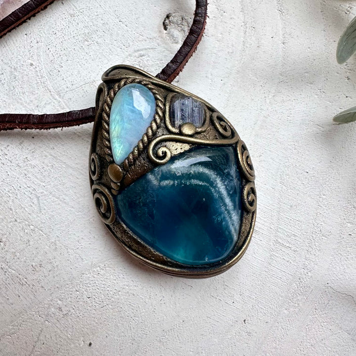 Spiritual jewelry combining fluorite moonstone and tanzanite