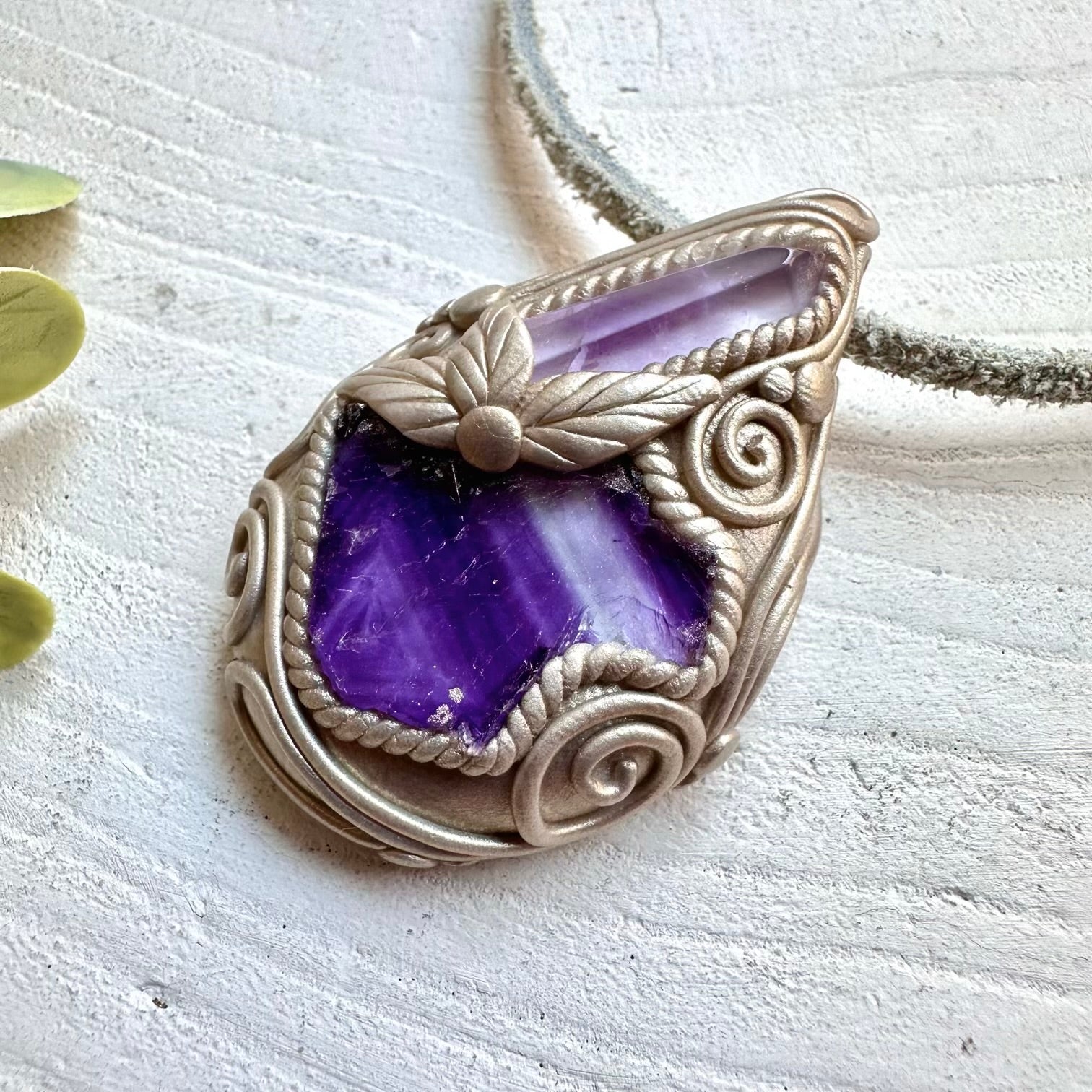 Boho jewelry protection amulet crystal necklace with purple gemstones