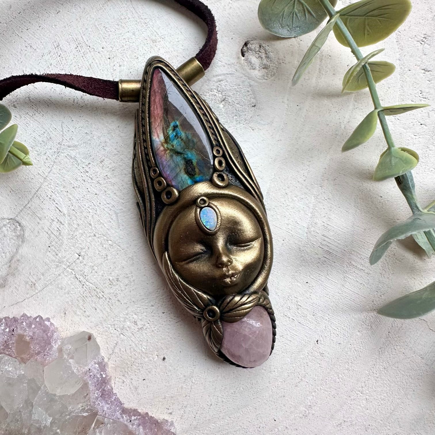 Labradorite paired with pink kunzite and Australian opal doublet