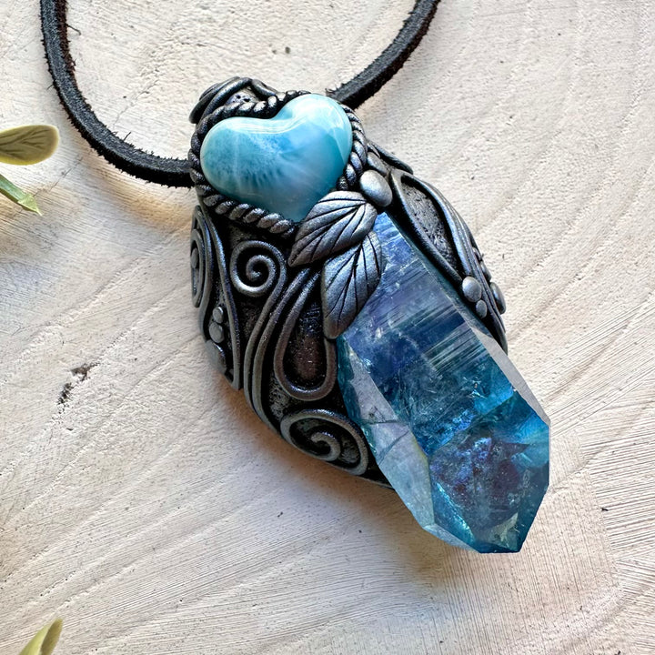 One of a kind aura quartz and larimar heart gemstone necklace