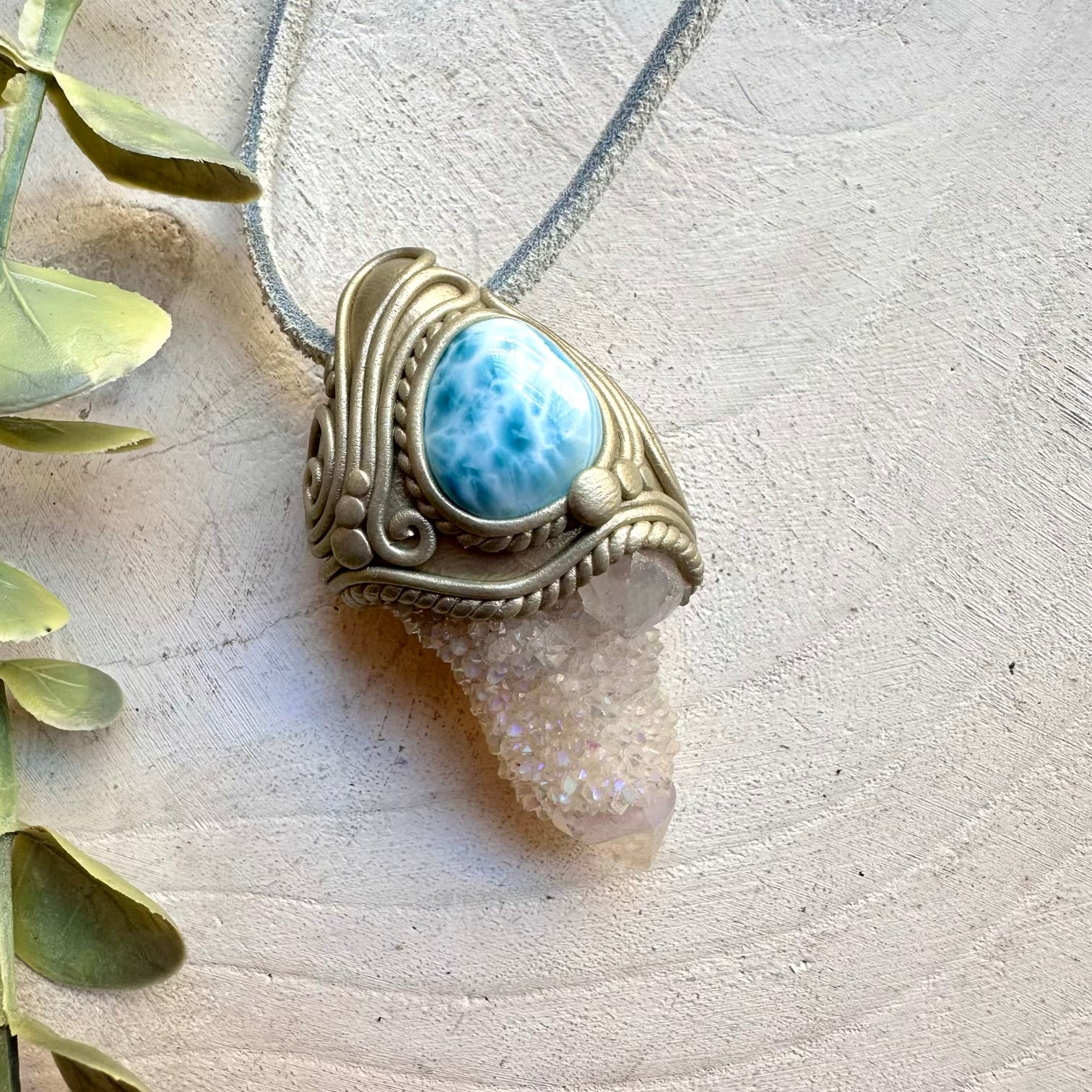 Handmade necklace with aura quartz and larimar gemstone