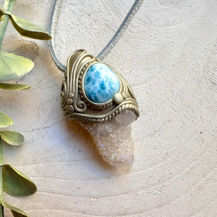 Handmade necklace with aura quartz and larimar gemstone