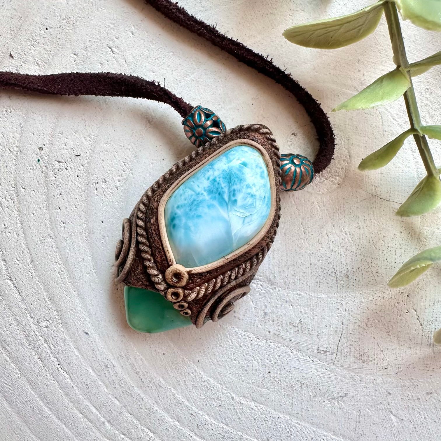 Handmade unisex gemstone necklace with Larimar and Chrysoprase