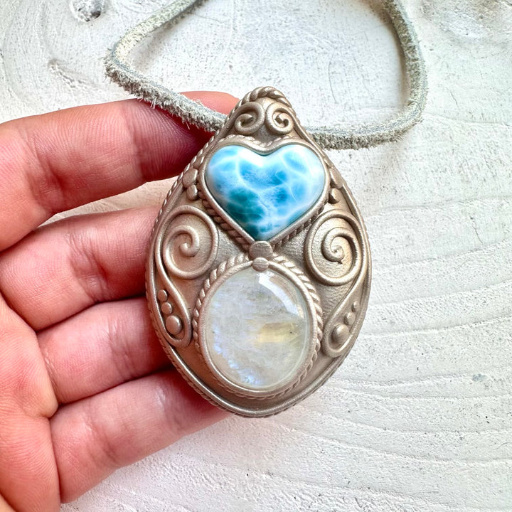 Boho jewelry larimar heart moonstone necklace