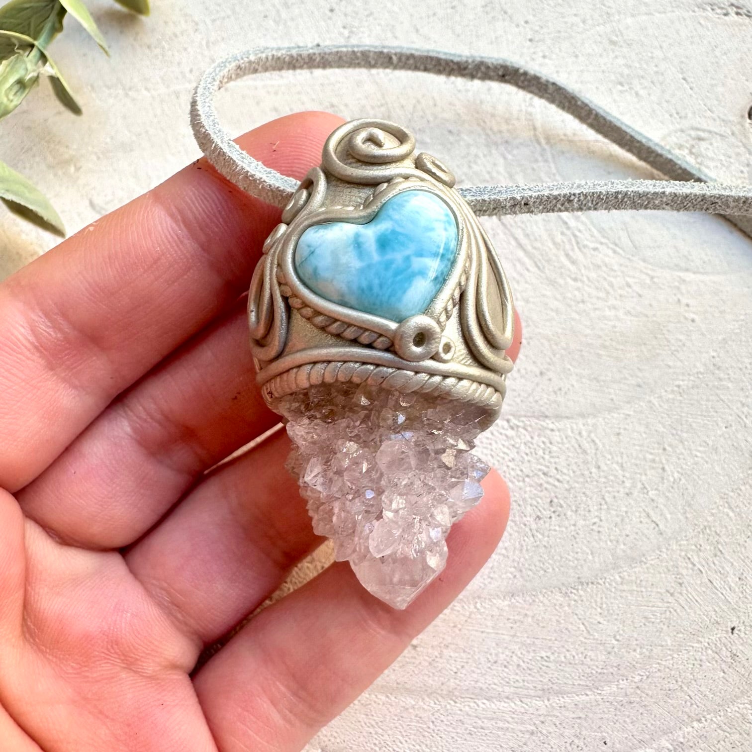 Spiritual jewelry combining spirit quartz and larimar heart