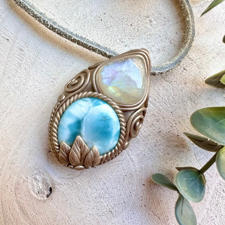 Healing crystal necklace fantasy jewelry larimar moonstone pendant