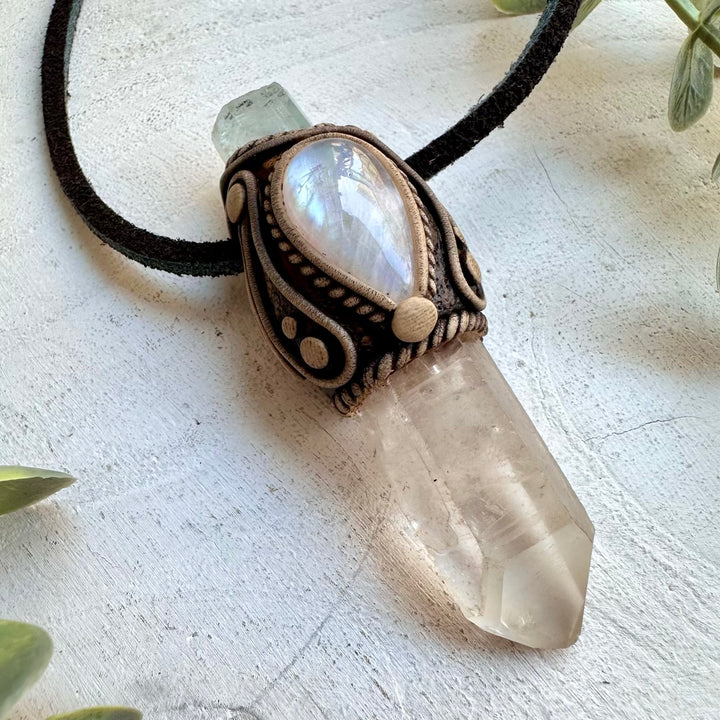 lemurian quartz paired with aquamarine and moonstone on a unique necklace