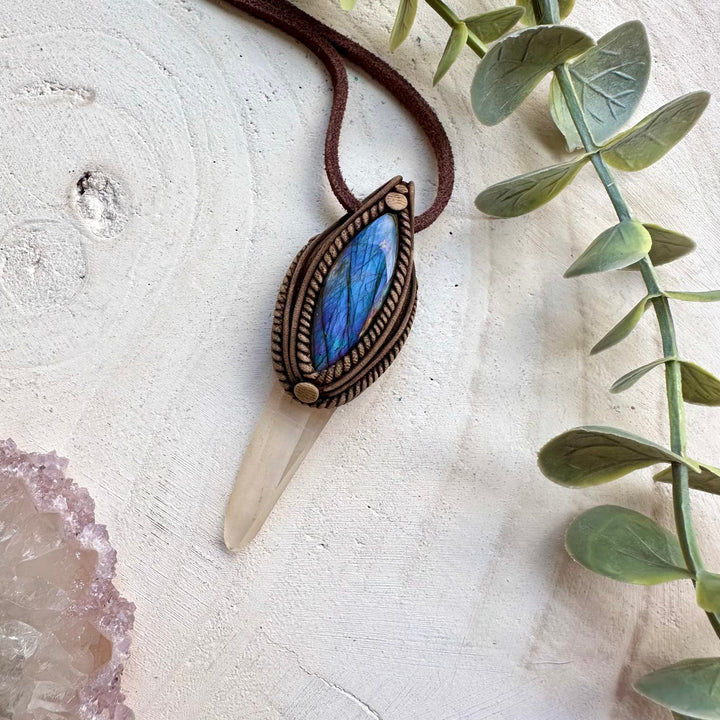 Lemurian quartz and labradorite healing crystal necklace