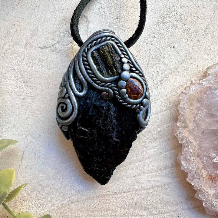 Handmade talisman necklace with moldavite and boulder opal