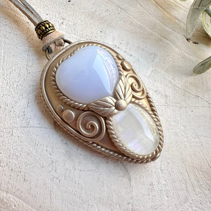 Handmade gemstone necklace moonstone and blue chalcedony jewelry