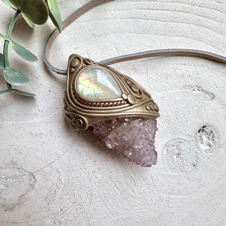 Healing crystal pendant with spirit quartz and moonstone