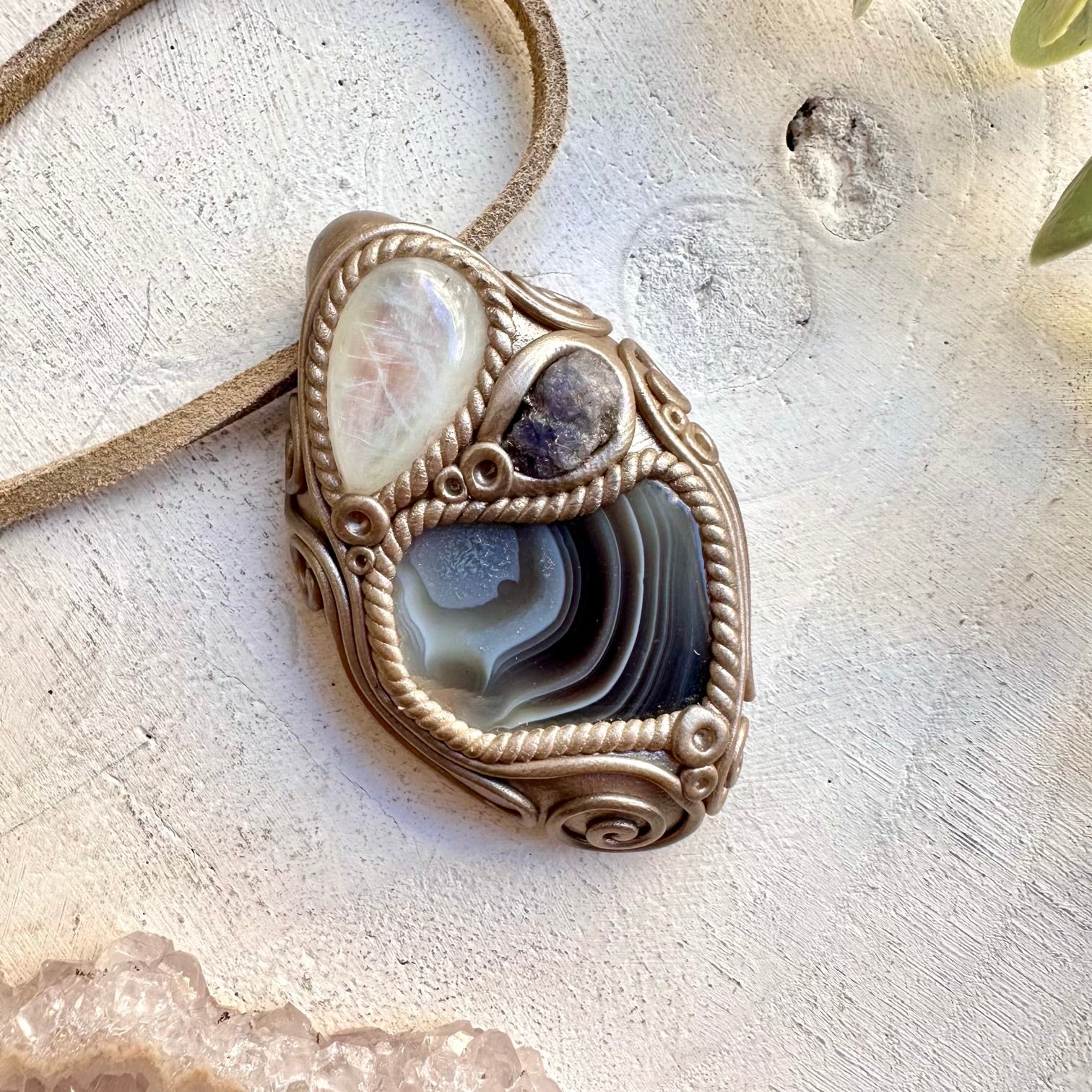 Spiritual jewelry combining Botswana agate moonstone and tanzanite