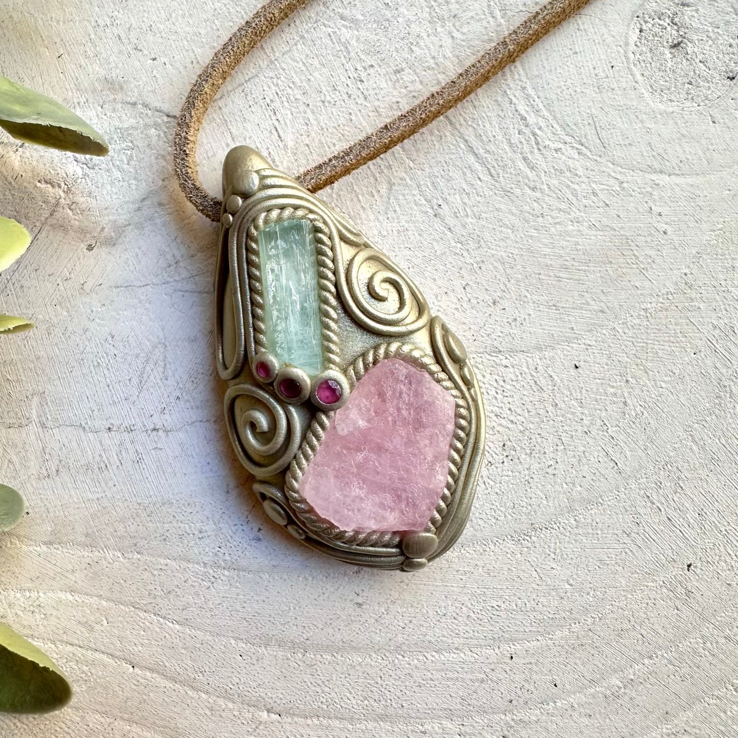 Healing crystal pendant with raw morganite and aquamarine
