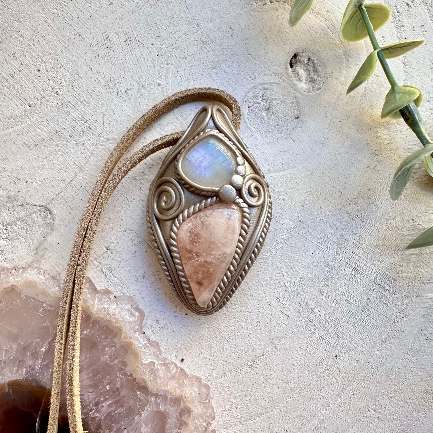 One of a kind morganite and moonstone gemstone necklace