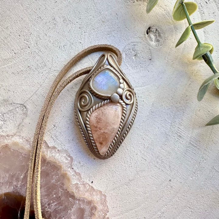 One of a kind morganite and moonstone gemstone necklace