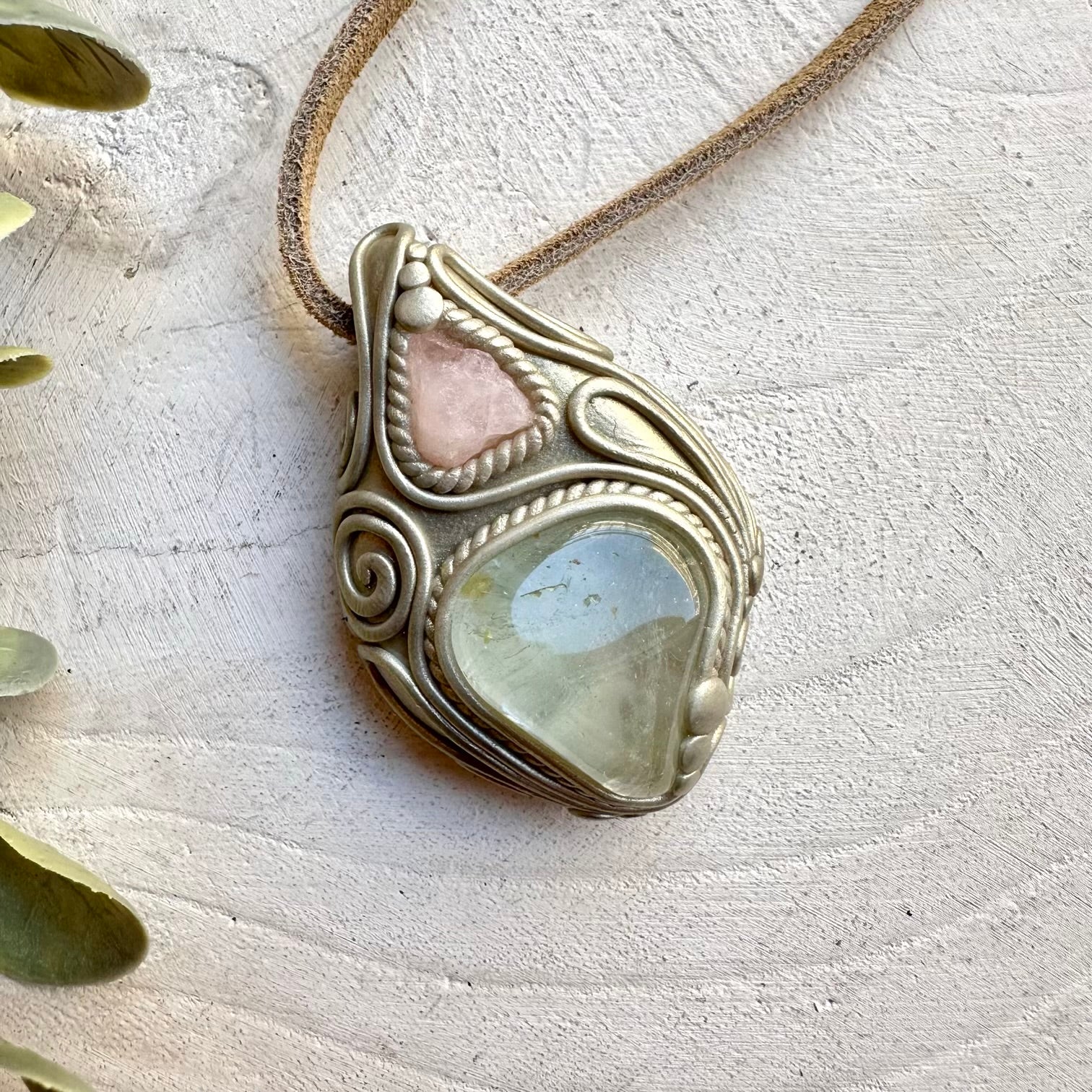 Healing crystal pendant with raw morganite and blue topaz