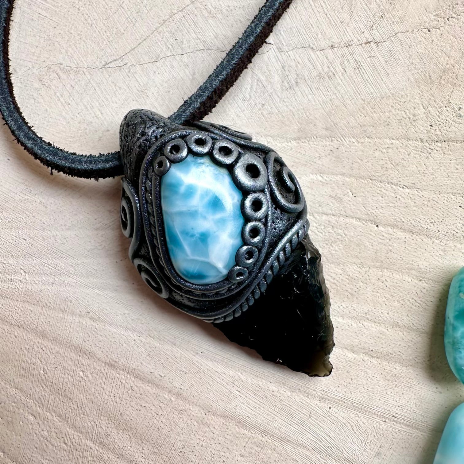 One of a kind obsidian and larimar gemstone necklace