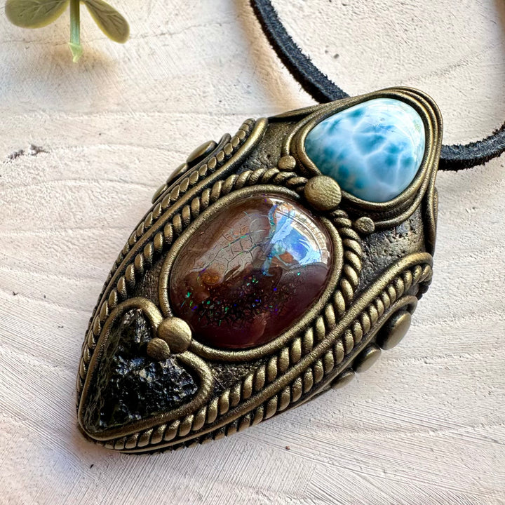 Healing crystal pendant with opal larimar and moldavite
