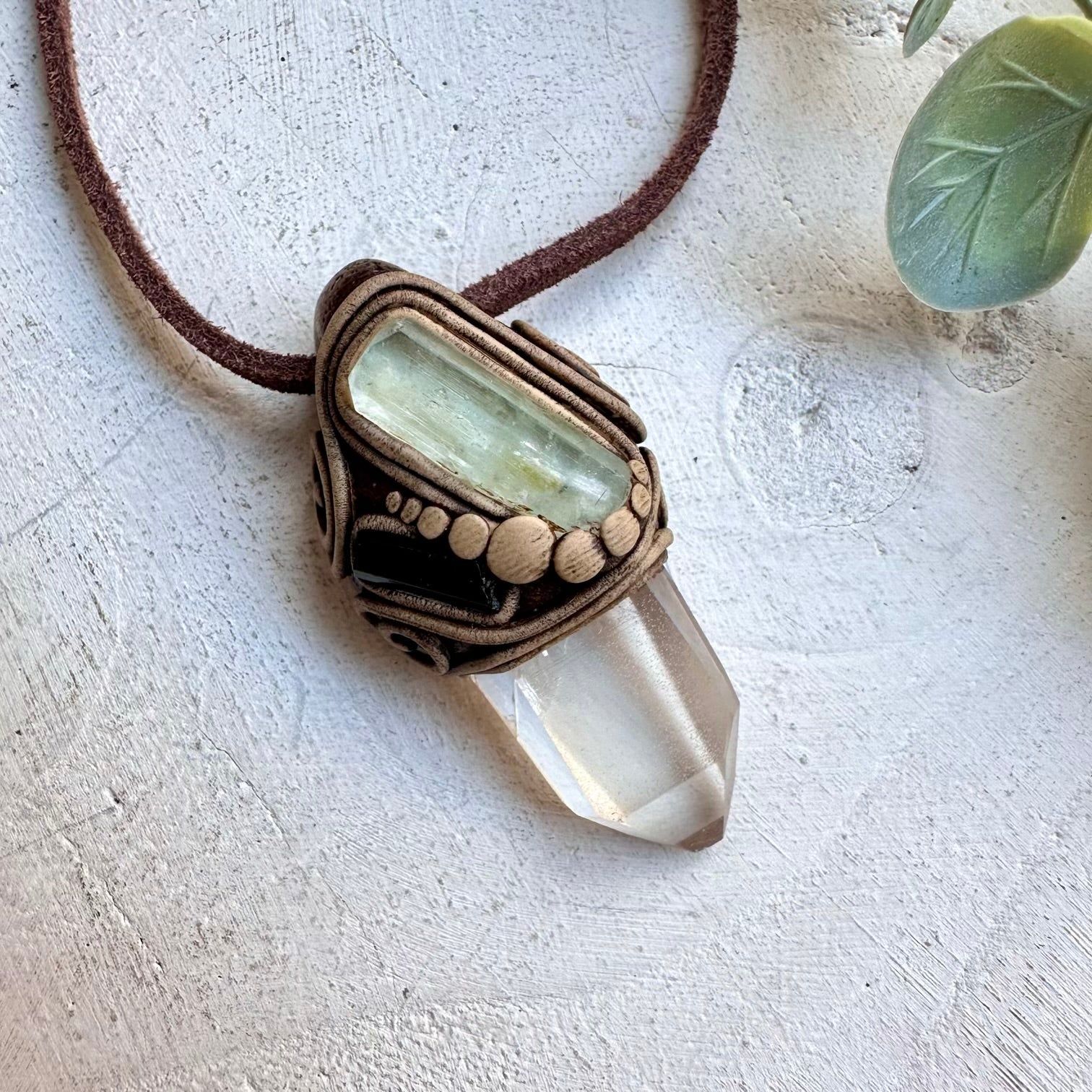 Lemurian quartz aquamarine and tourmaline healing crystal necklace