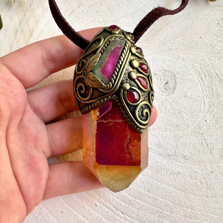 Handmade gemstone necklace - crystal wand with Sunset Aura Quartz, Watermelon Tourmaline and deep red Rhodolite Garnet.