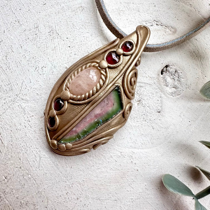 Healing crystal pendant with rhodolite garnet and watermelon tourmaline