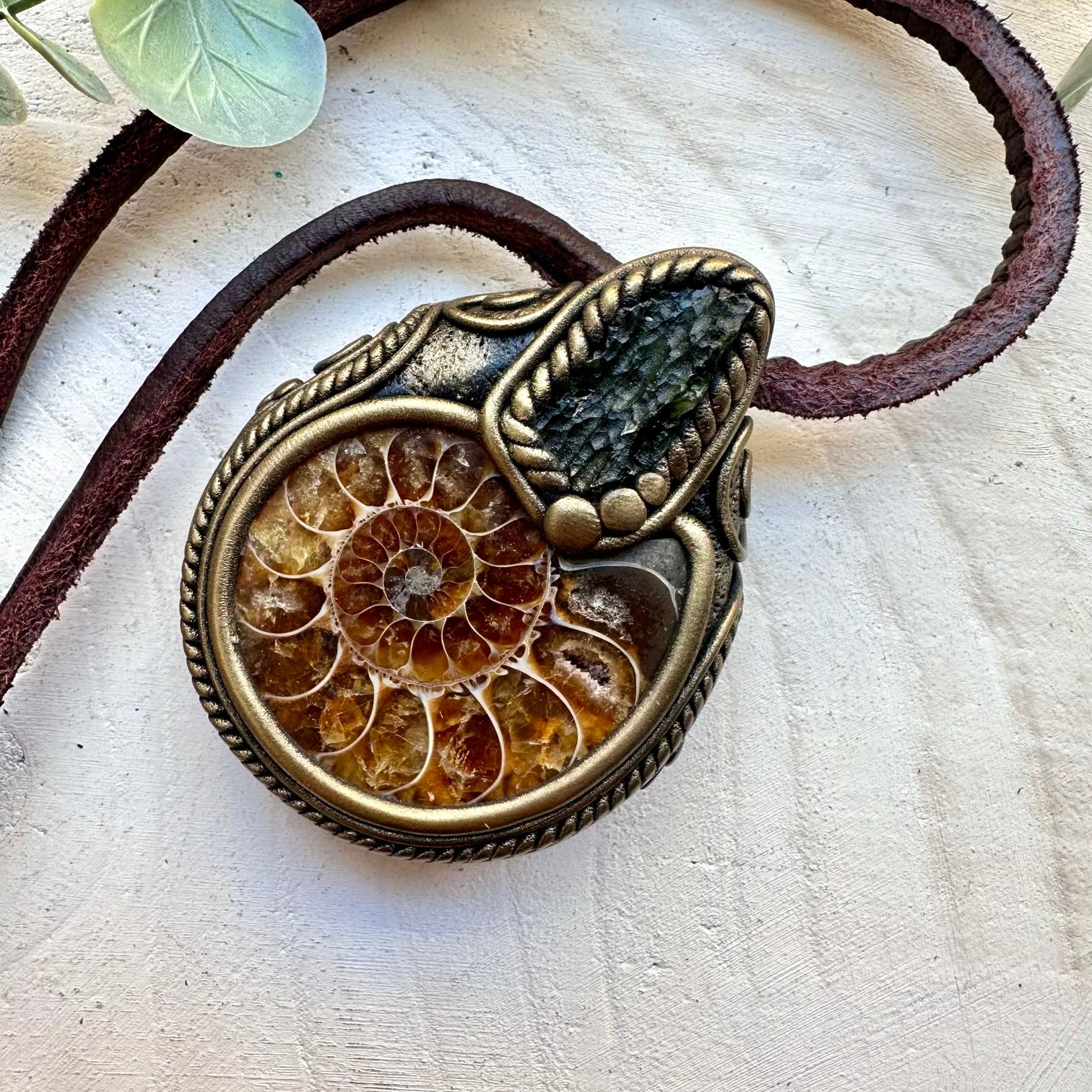 Moldavite and ammonite healing crystal necklace