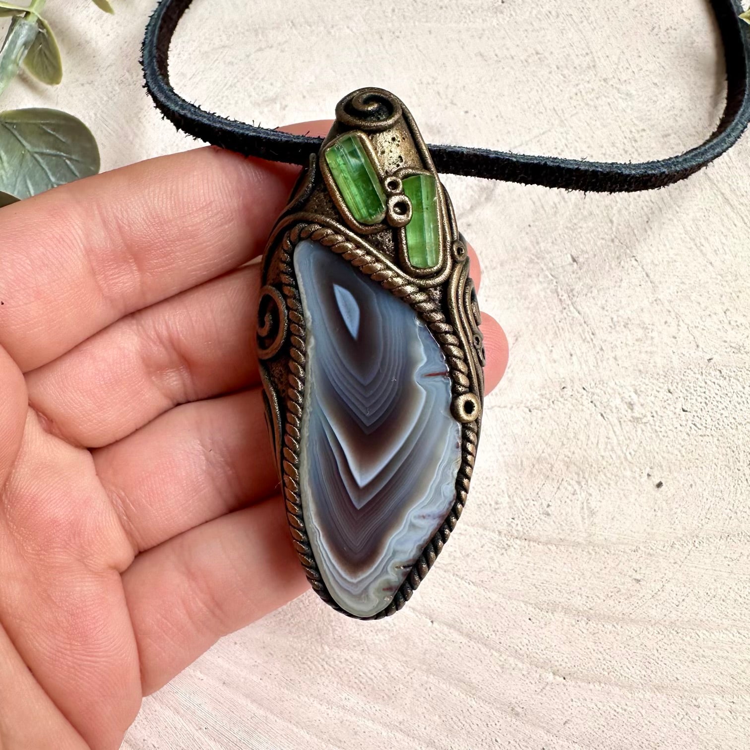 Healing crystal necklace handcrafted with natural Botswana Agate and Green Tourmaline gemstones.