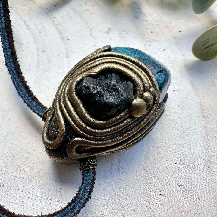 Natural gemstone necklace with shattuckite and natural moldavite