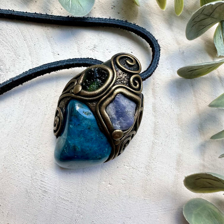 Moldavite shattuckite and tanzanite healing crystal necklace