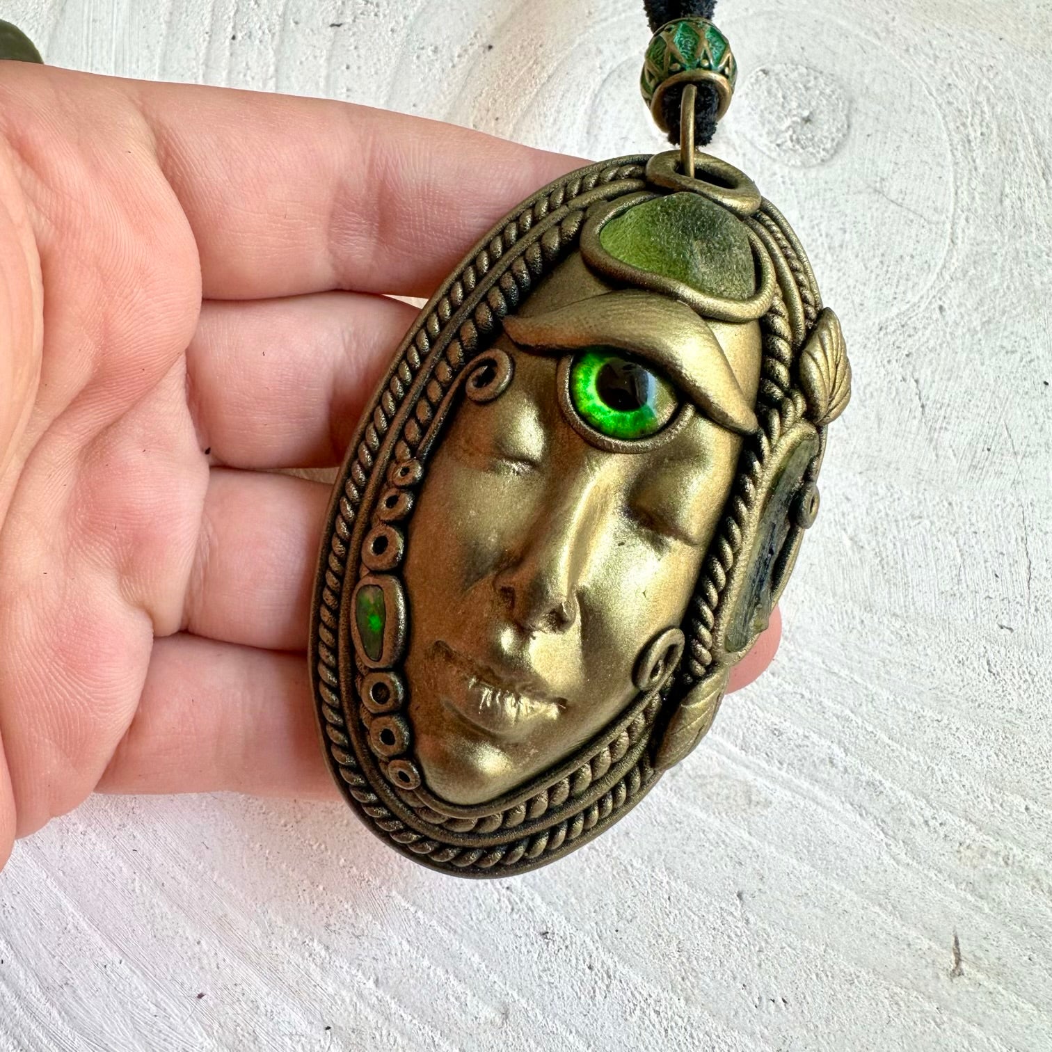 One of a kind Goddess pendant with bright green Peridot, natural Moldavite and Black Ethiopian Opal.