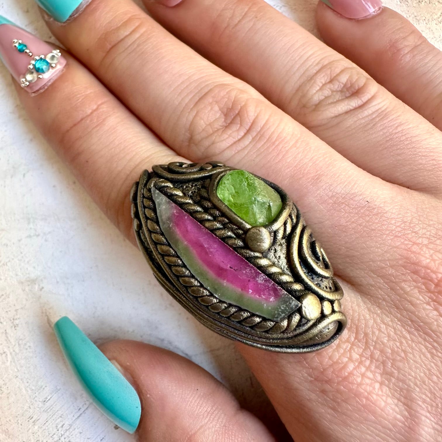 Handmade ring with watermelon tourmaline and peridot gemstones