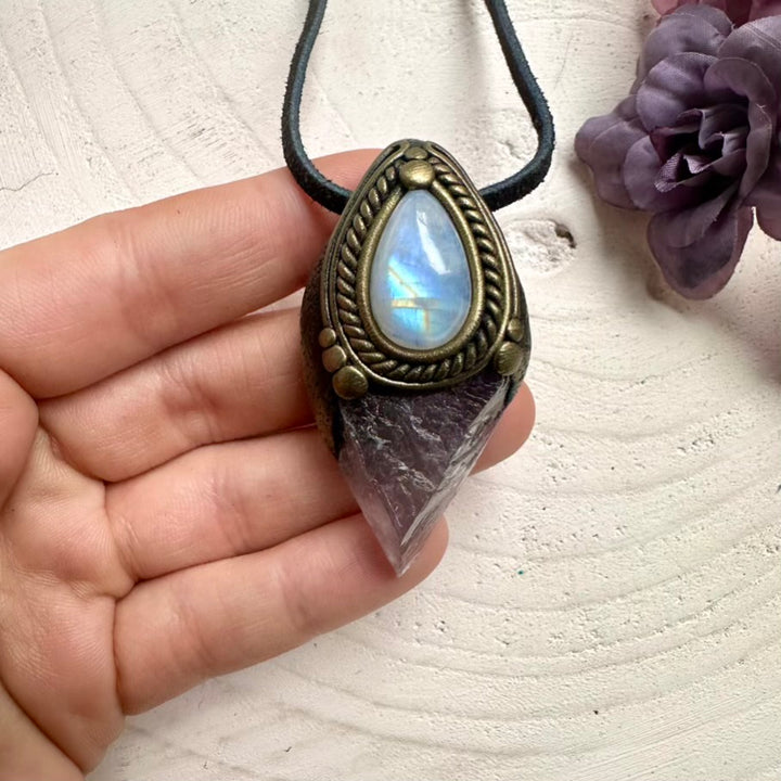 Protective raw Fluorite crystal with glowing Rainbow Moonstone energy, wearable unisex metaphysical healing talisman necklace.