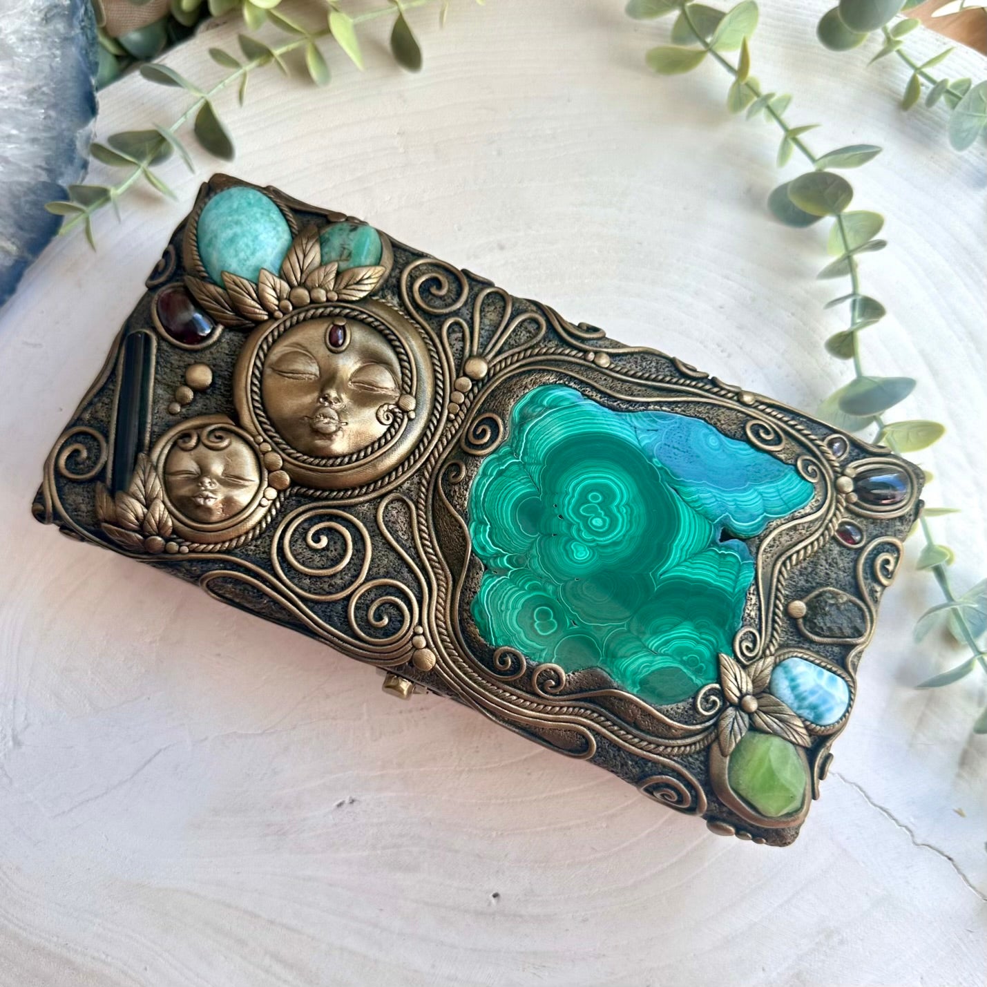 Handmade crystal altar decor with green tourmaline and rhodolite garnet