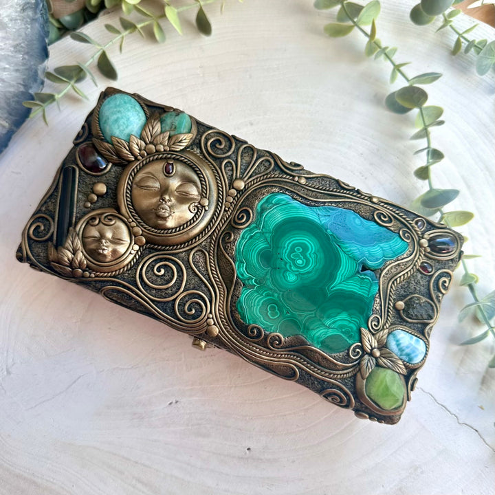 Handmade crystal altar decor with green tourmaline and rhodolite garnet