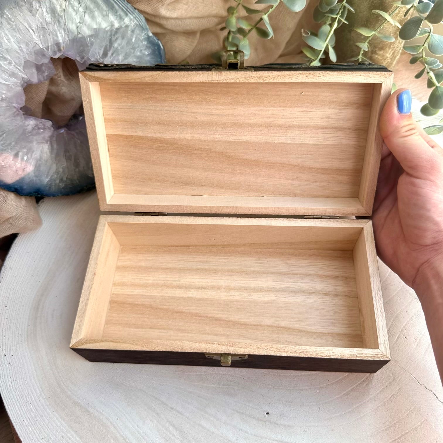 Wooden keepsake box decorated with healing gemstones and crystals